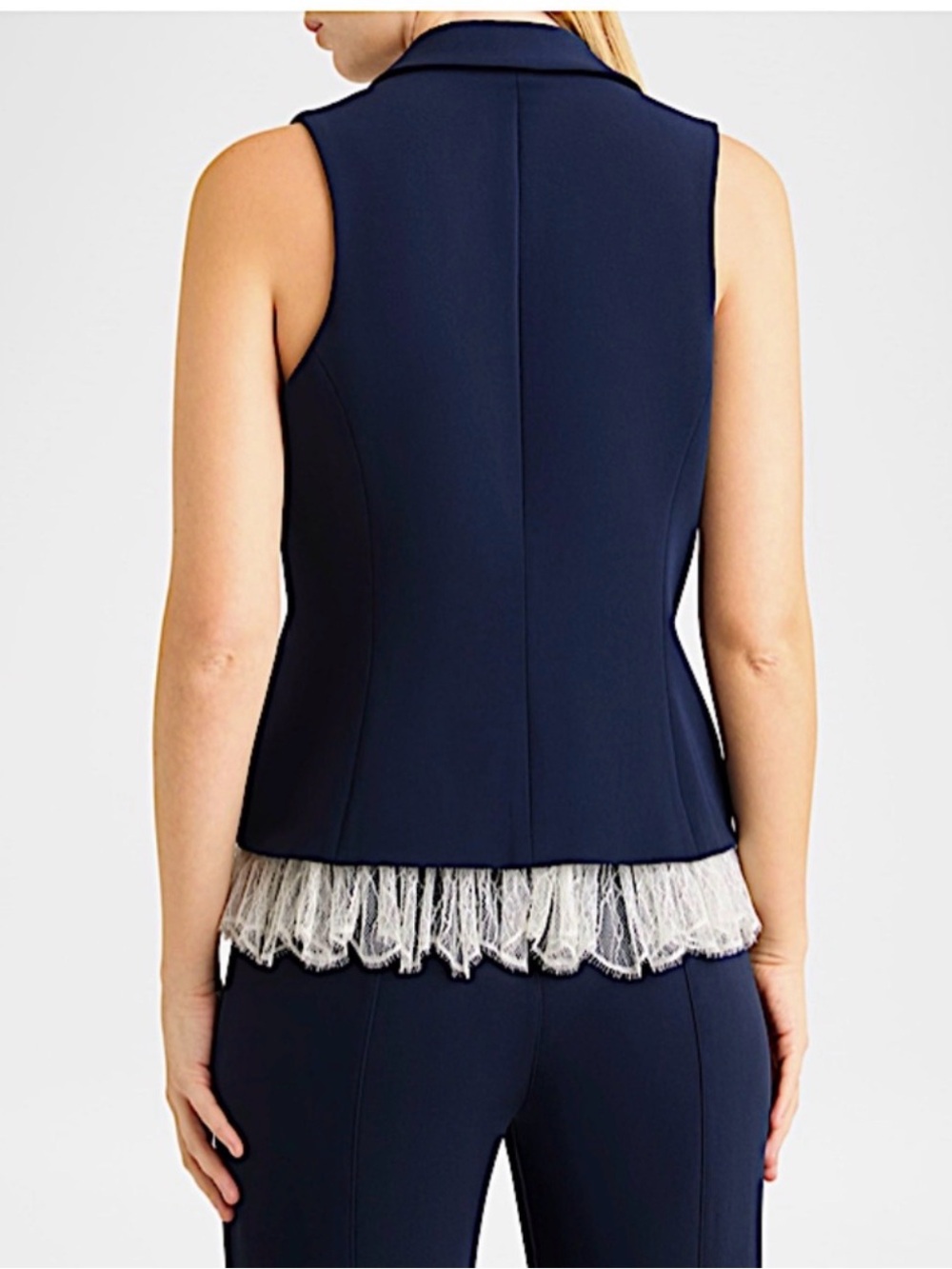 cinq a sept Navy Sleeveless Blazer Vest with Lace Hem and Brooch Accents - Picture 3 of 8